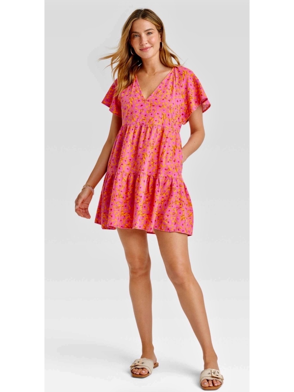 Universal Thread Pink/Orange Floral Linen Blend Mini Dress Size M